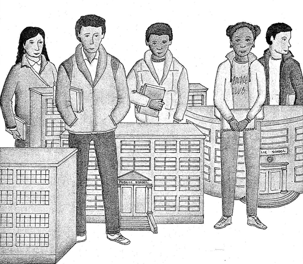 Black and white drawing of students featured on the report's cover.