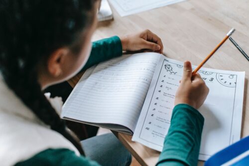 Rear shot of a student writing on a worksheet. (Photo by Katerina Holmes from Pexels)