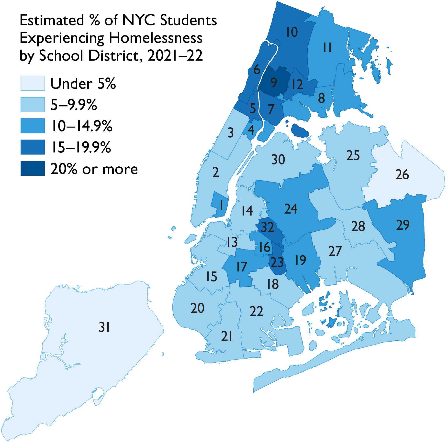 Map of NYC by school district, shaded to indicate the estimated % of students experiencing homelessness in each district in 2021-22; shows particularly high rates of student homelessness in upper Manhattan, the Bronx, and districts 23 and 32 in Brooklyn.