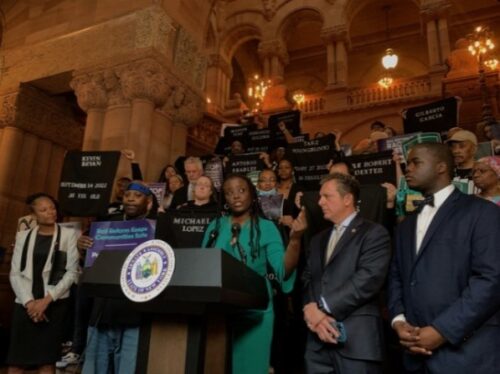 State Sen. Cordell Cleare (D-Manhattan) speaks during a rally in protection of the state's bail laws in Albany, N.Y., on April 17, 2023.