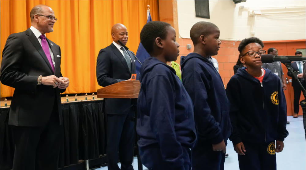 Students at Brooklyn’s P.S. 5 practice deep breathing with schools Chancellor David Banks and Mayor Eric Adams. Advocates are pressing the city to focus on other mental health priorities.