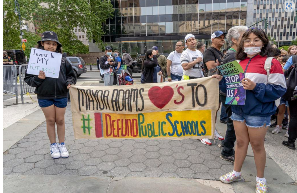 Students take part in a rally and march to protest New York City Mayor Eric Adams’s budget cuts, May 24, 2023, in New York. Adams, who is responsible for the city’s school system, has cut school budgets two years in a row.