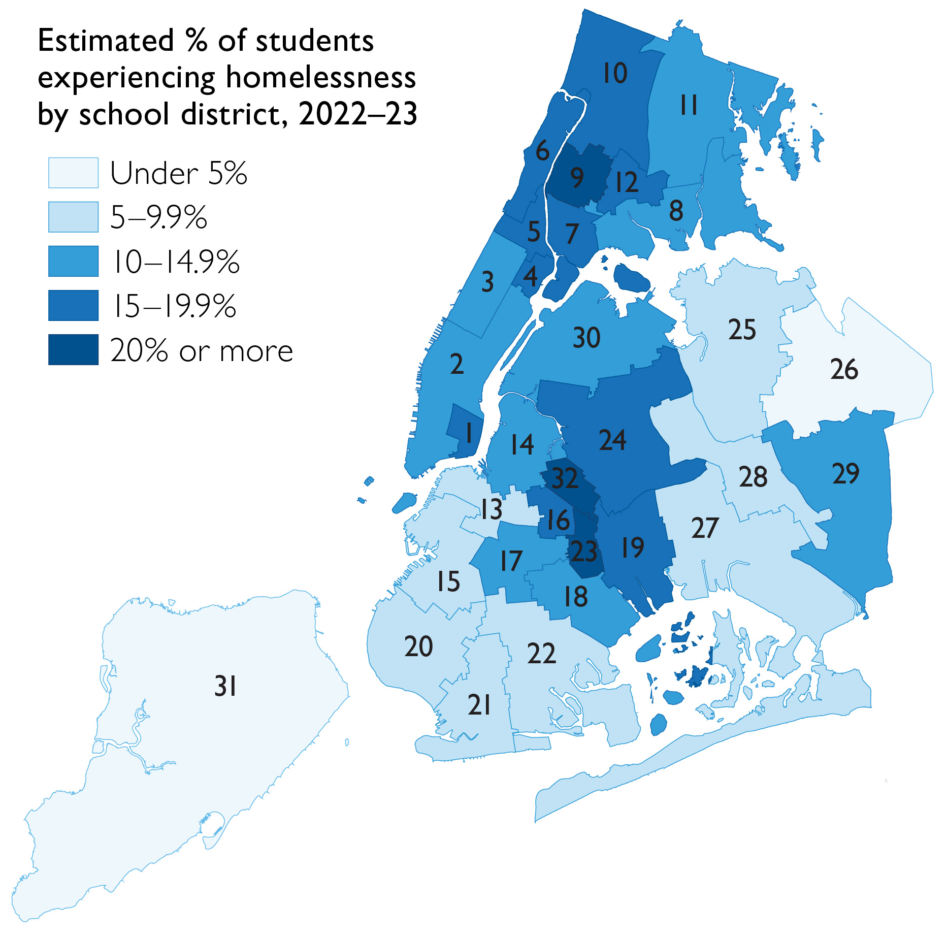 Map of NYC by school district, shaded to indicate the estimated % of students experiencing homelessness in each district in 2022-23; shows particularly high rates of student homelessness in upper Manhattan, the Bronx, and districts 23 and 32 in Brooklyn.