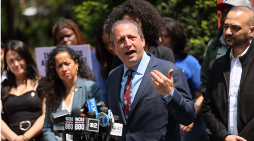 Comptroller Brad Lander speaks during a rally for immigrant rights at City Hall on May 11, 2023 in New York City.