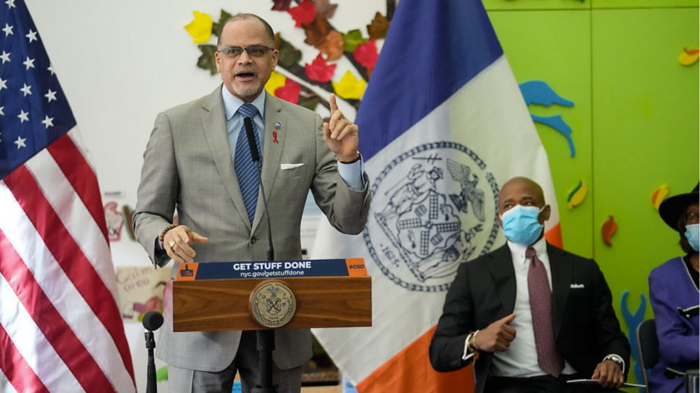Mayor Eric Adams and Department of Education Chancellor David Banks announcing an expansion of early childhood education special-education seats across the five boroughs at the ABC Graham School at Echo Park in Harlem on Dec. 13, 2022.
