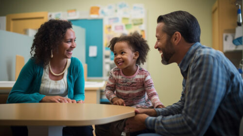 teacher meets with parent and young child in a classroom