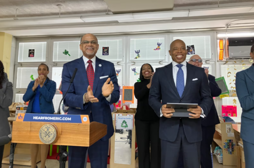 Schools Chancellor David Banks (left) with Mayor Eric Adams at P.S. 34 in Manhattan's East Village announcing roughly $500 million in city and state funds to plug gaps for school programs left by expiring federal COVID relief dollars.