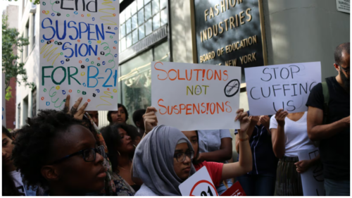 Suspensions spiked in New York City last year. Students and advocates, pictured here in 2016, protest the city's suspension policies.