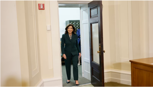 Gov. Kathy Hochul arrives for a press conference signing legislation creating a commission for the study of reparations in New York on Dec. 19, 2023. On Tuesday, Hochul unveiled her budget proposals, including her support for mayoral control in NYC.