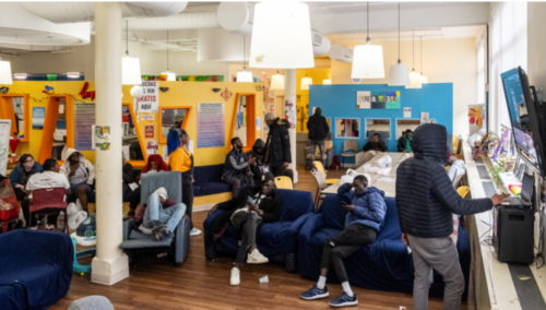 Early evening at Safe Horizon’s Streetwork Project, a drop-in center for homeless youth in February. The organization says it has referred around 60 cases of migrants directly to the New York City Public Schools (NYCPS) since January, but only six have been enrolled so far.