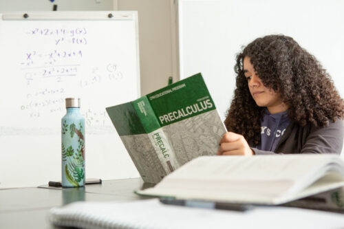A high school student studies information in her textbook during class.