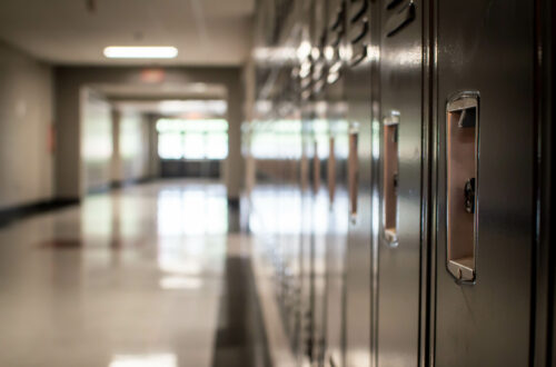 Empty school hallway.