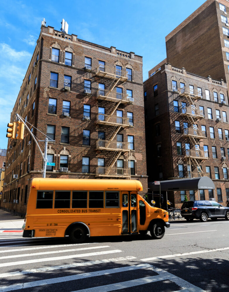 A school bus on a Manhattan street