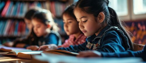 A young girl in a classroom reads from a textbook.