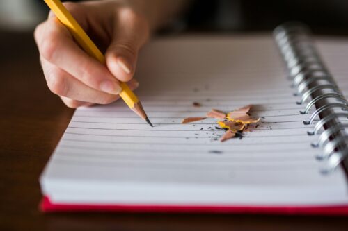Person holding pencil writing on notebook.